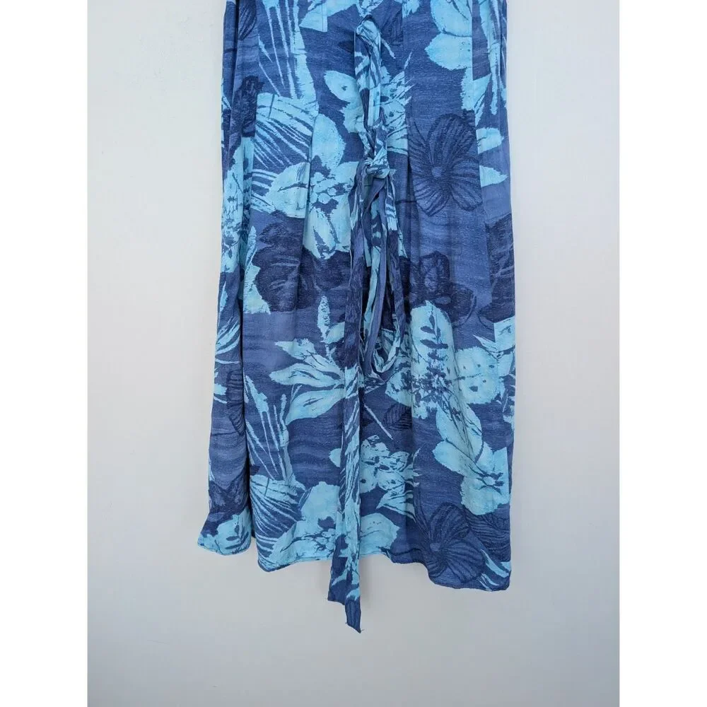 Jams World Blue Tropical Floral Print Sleeveless Babydoll Tie Dress Sz M